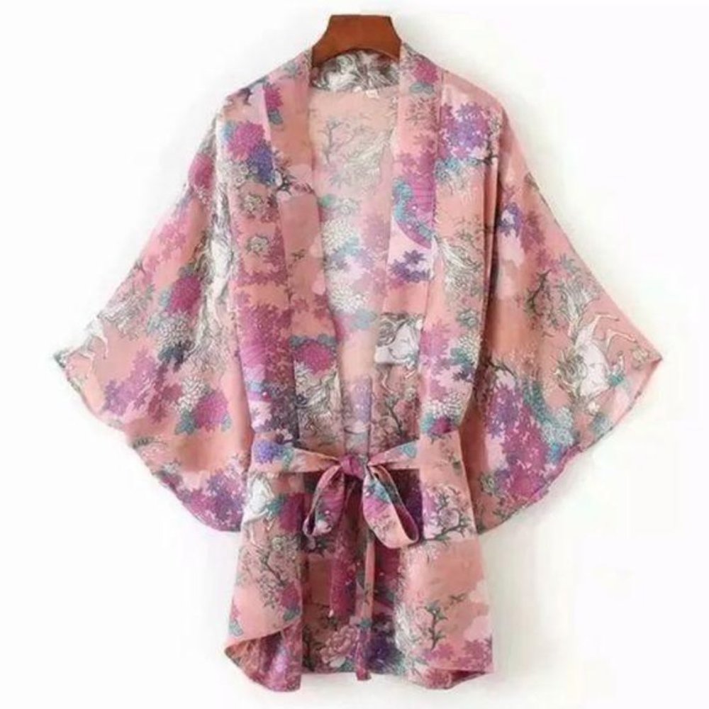 Luxe Boho Wild Horses Pink Floral Kimono CoverUp - Picture 3 of 9